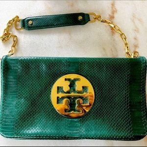 Tory Burch Reva Snake Embossed Clutch (Malachite Green) - RARE